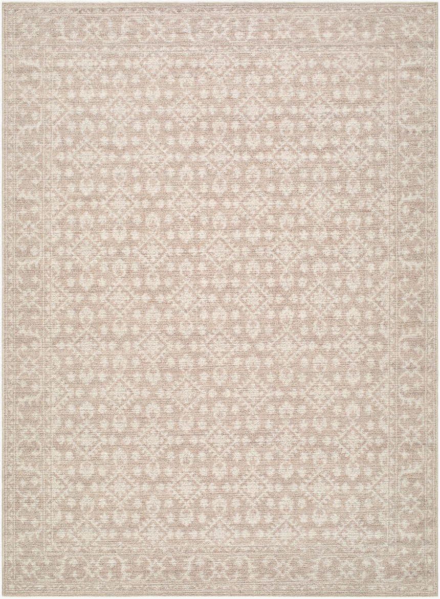 Close-up of the Aram Machine Woven Nabela Noor Home x LIVABLISS NBAR-2300 Area Rug. Beige and tan traditional pattern. Design-Rectangle-527