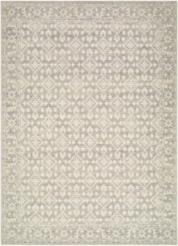 Aram Machine Woven Nabela Noor Home rug with a traditional beige, charcoal, and light gray geometric pattern. Design-Rectangle-527