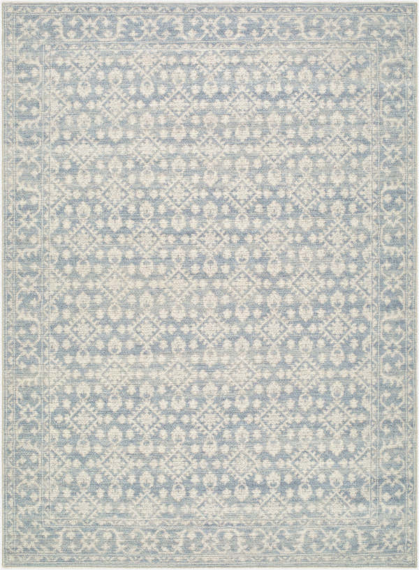 Close-up of Aram Nabela Noor Home x LIVABLISS NBAR-2302 Area Rug. Beige, denim, and pale blue traditional pattern. Design-Rectangle-527