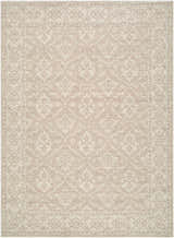 Close-up of the Aram Machine Woven Nabela Noor Home x LIVABLISS NBAR-2303 Area Rug. Ivory, tan, and gray farmhouse-style rug. Design-Rectangle-527