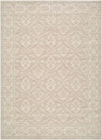 Close-up of the Aram Machine Woven Nabela Noor Home x LIVABLISS NBAR-2303 Area Rug. Ivory, tan, and gray farmhouse-style rug. Design-Rectangle-527