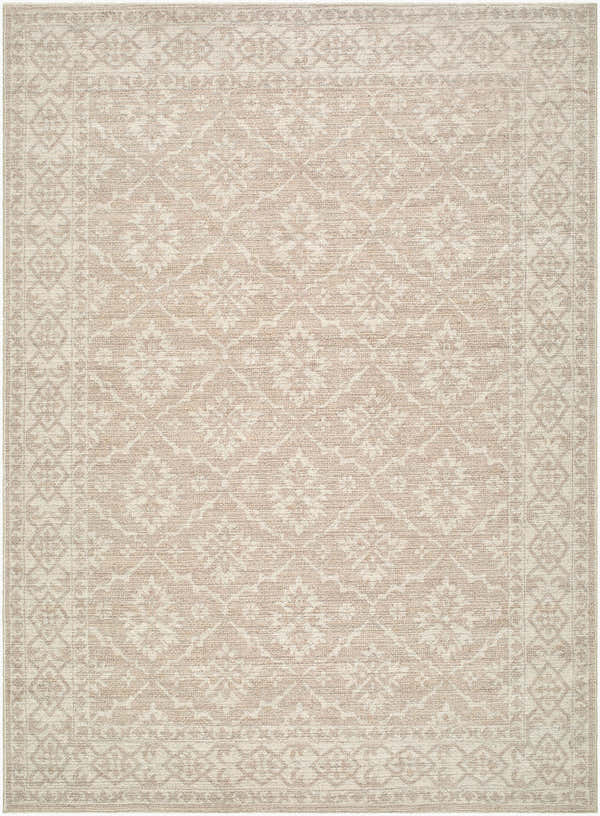 Close-up of the Aram Machine Woven Nabela Noor Home x LIVABLISS NBAR-2303 Area Rug. Ivory, tan, and gray farmhouse-style rug. Design-Rectangle-527