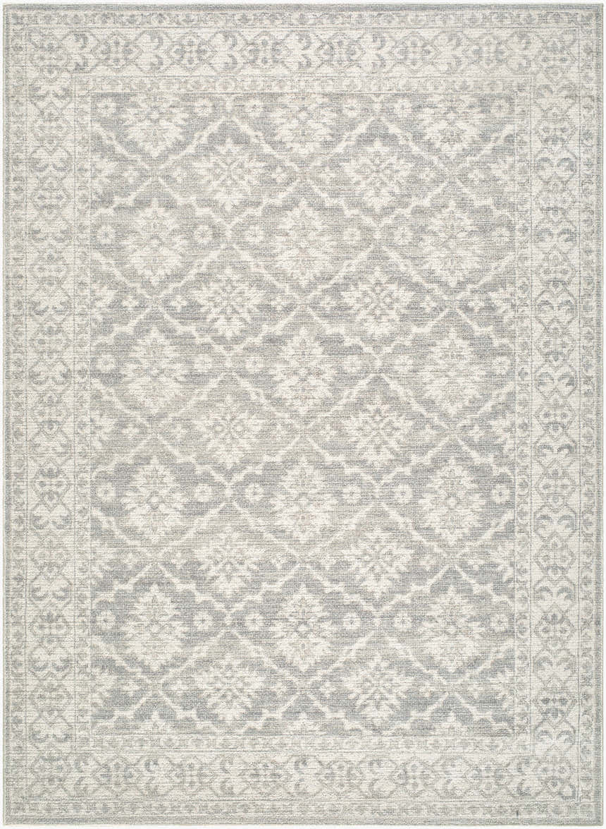 Close-up of the Aram Machine Woven Nabela Noor Home x LIVABLISS NBAR-2304 Area Rug. Beige, gray, and olive traditional pattern. Design-Rectangle-576