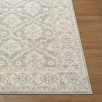 Close-up of the Aram Machine Woven Nabela Noor Home x LIVABLISS NBAR-2304 Area Rug. Beige and gray farmhouse pattern. Front