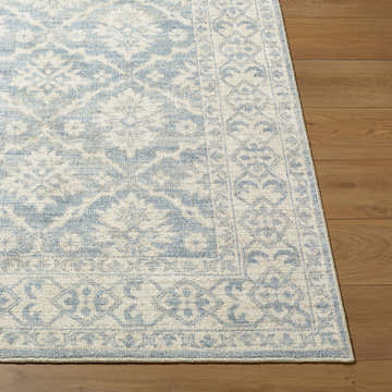 Close-up of the Aram Machine Woven Nabela Noor Home x LIVABLISS NBAR-2305 Area Rug in beige, denim and pale blue. Front