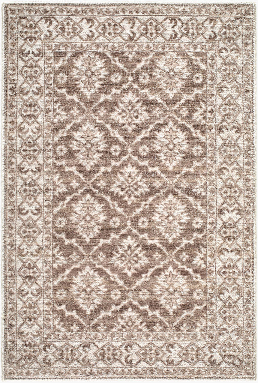Close-up of the Aram Machine Woven Nabela Noor Home x LIVABLISS NBAR-2306 Area Rug. Features a traditional brown and gray floral pattern. Design-Rectangle-221