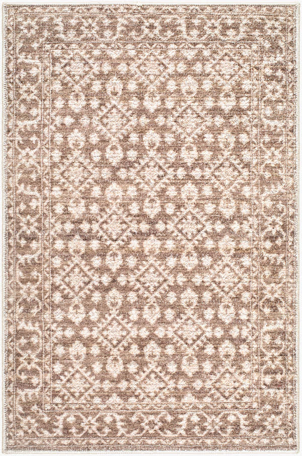 Close-up of the Aram Machine Woven Nabela Noor Home x LIVABLISS NBAR-2307 Area Rug. Features dark brown, medium brown, and gray tones. Design-Rectangle-221