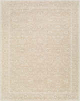 Close-up of the Asha Machine Woven Nabela Noor Home x LIVABLISS NBAS-2300 Area Rug. Features a traditional floral pattern in gray, mustard, and off-white. Design-Rectangle-71010