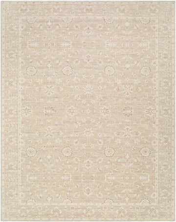 Close-up of the Asha Machine Woven Nabela Noor Home x LIVABLISS NBAS-2300 Area Rug. Features a traditional floral pattern in gray, mustard, and off-white. Design-Rectangle-71010