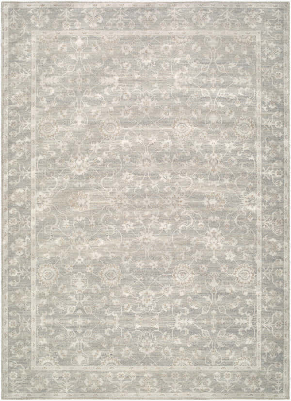 Close-up of Asha Machine Woven Nabela Noor Home x LIVABLISS NBAS-2301 Area Rug. Features a traditional floral pattern in sage, off-white and mustard. Design-Rectangle-679