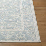 Close-up of Asha Machine Woven Nabela Noor Home rug. Farmhouse style rug with sky blue and off-white traditional pattern. Front
