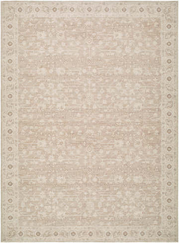 Close-up of the Asha Machine Woven Nabela Noor Home x LIVABLISS NBAS-2303 Area Rug. Features a traditional taupe and cream pattern. Design-Rectangle-679