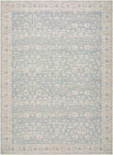 Close-up of Asha Machine Woven Nabela Noor Home x LIVABLISS NBAS-2304 Area Rug. Sky blue and off-white traditional pattern. Design-Rectangle-679