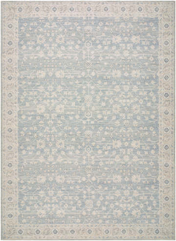 Close-up of Asha Machine Woven Nabela Noor Home x LIVABLISS NBAS-2304 Area Rug. Sky blue and off-white traditional pattern. Design-Rectangle-679