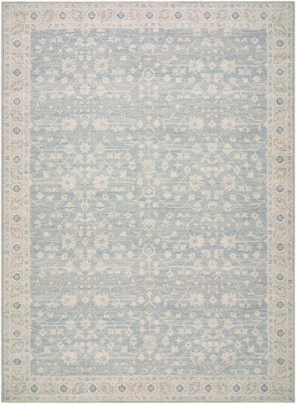 Close-up of Asha Machine Woven Nabela Noor Home x LIVABLISS NBAS-2304 Area Rug. Sky blue and off-white traditional pattern. Design-Rectangle-679