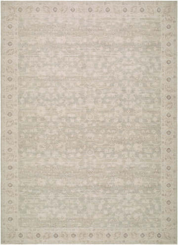 Detailed Asha Machine Woven Nabela Noor Home rug in sage and off-white. Farmhouse style with traditional border pattern. Design-Rectangle-679