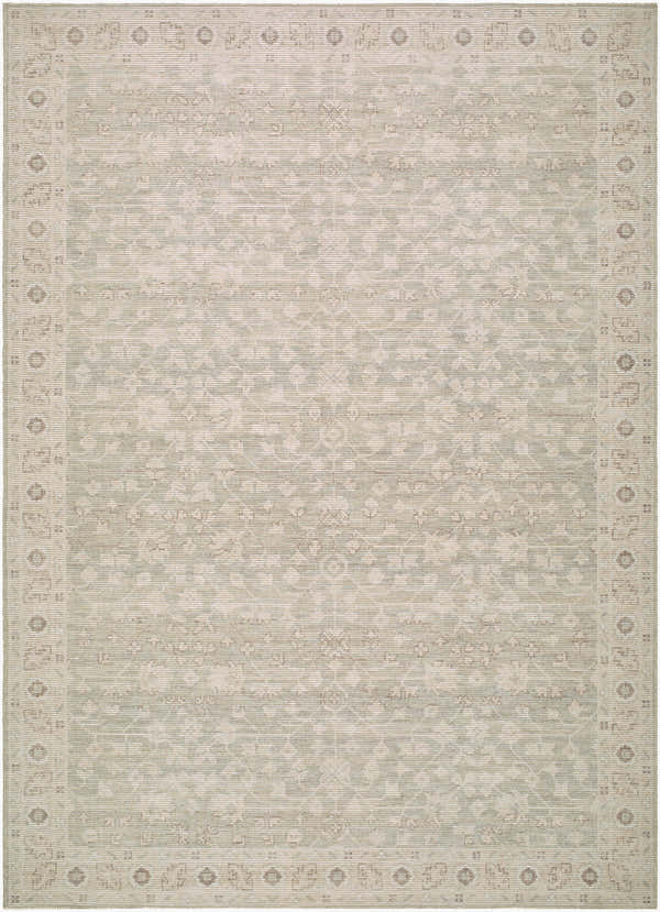 Detailed Asha Machine Woven Nabela Noor Home rug in sage and off-white. Farmhouse style with traditional border pattern. Design-Rectangle-679