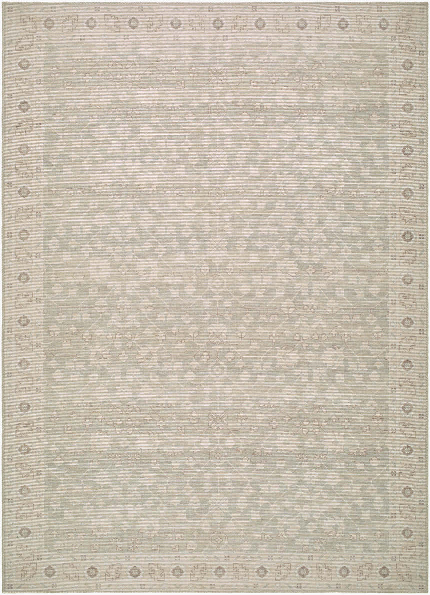 Detailed Asha Machine Woven Nabela Noor Home rug in sage and off-white. Farmhouse style with traditional border pattern. Design-Rectangle-679