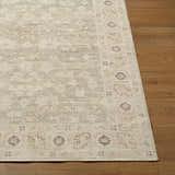 Close-up of Asha Machine Woven Nabela Noor rug showing sage, off-white, and mustard farmhouse pattern and jute-polyester texture. Front