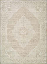Close-up of Athiyo Nabela Noor Home x LIVABLISS NBAT-2300 area rug. Machine woven polyester rug in ivory, medium gray, and tan. Design-Rectangle-527