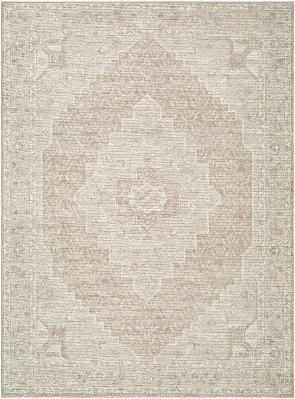 Close-up of Athiyo Nabela Noor Home x LIVABLISS NBAT-2300 area rug. Machine woven polyester rug in ivory, medium gray, and tan. Design-Rectangle-527