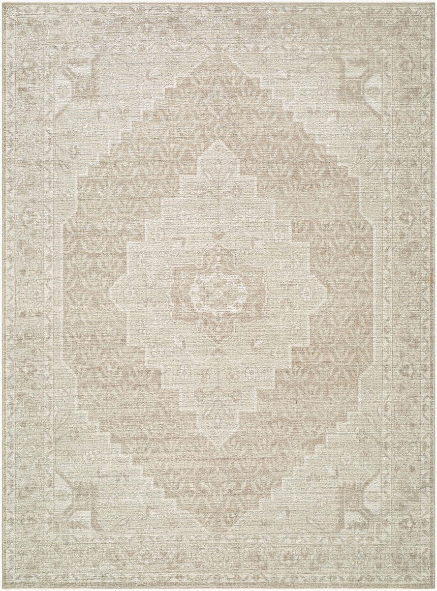 Close-up of Athiyo Nabela Noor Home x LIVABLISS NBAT-2300 area rug. Machine woven polyester rug in ivory, medium gray, and tan. Design-Rectangle-527