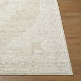 Close-up of Athiyo Nabela Noor Home x LIVABLISS NBAT-2300 Area Rug in ivory, medium gray, and tan on hardwood floor. Front