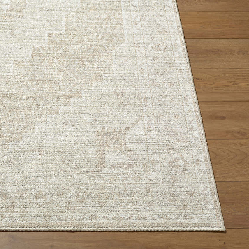 Close-up of Athiyo Nabela Noor Home x LIVABLISS NBAT-2300 Area Rug in ivory, medium gray, and tan on hardwood floor. Front