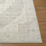 Close-up of Athiyo Nabela Noor Home x LIVABLISS rug. Beige rug with gray traditional pattern on wood floor. Front