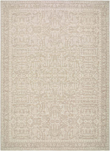 Close-up of Athiyo Machine Woven Nabela Noor Home x LIVABLISS NBAT-2302 Area Rug. Features a traditional pattern in medium gray, mustard, and off-white. Design-Rectangle-679