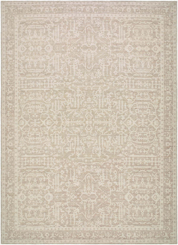 Close-up of Athiyo Machine Woven Nabela Noor Home x LIVABLISS NBAT-2302 Area Rug. Features a traditional pattern in medium gray, mustard, and off-white. Design-Rectangle-679