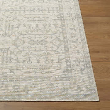 Close-up of Athiyo Machine Woven Nabela Noor Home x LIVABLISS NBAT-2303 Area Rug with off-white, sage, and jute traditional pattern. Front