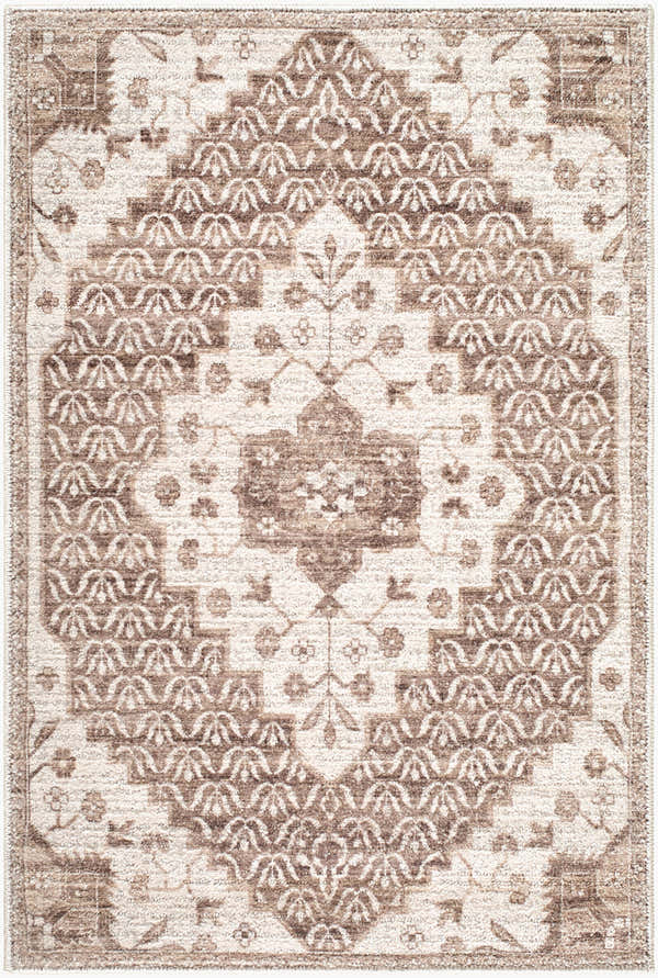 Detailed view of the Athiyo Nabela Noor Home rug. Features a traditional floral pattern in dark brown, medium brown, and medium gray. Design-Rectangle-221
