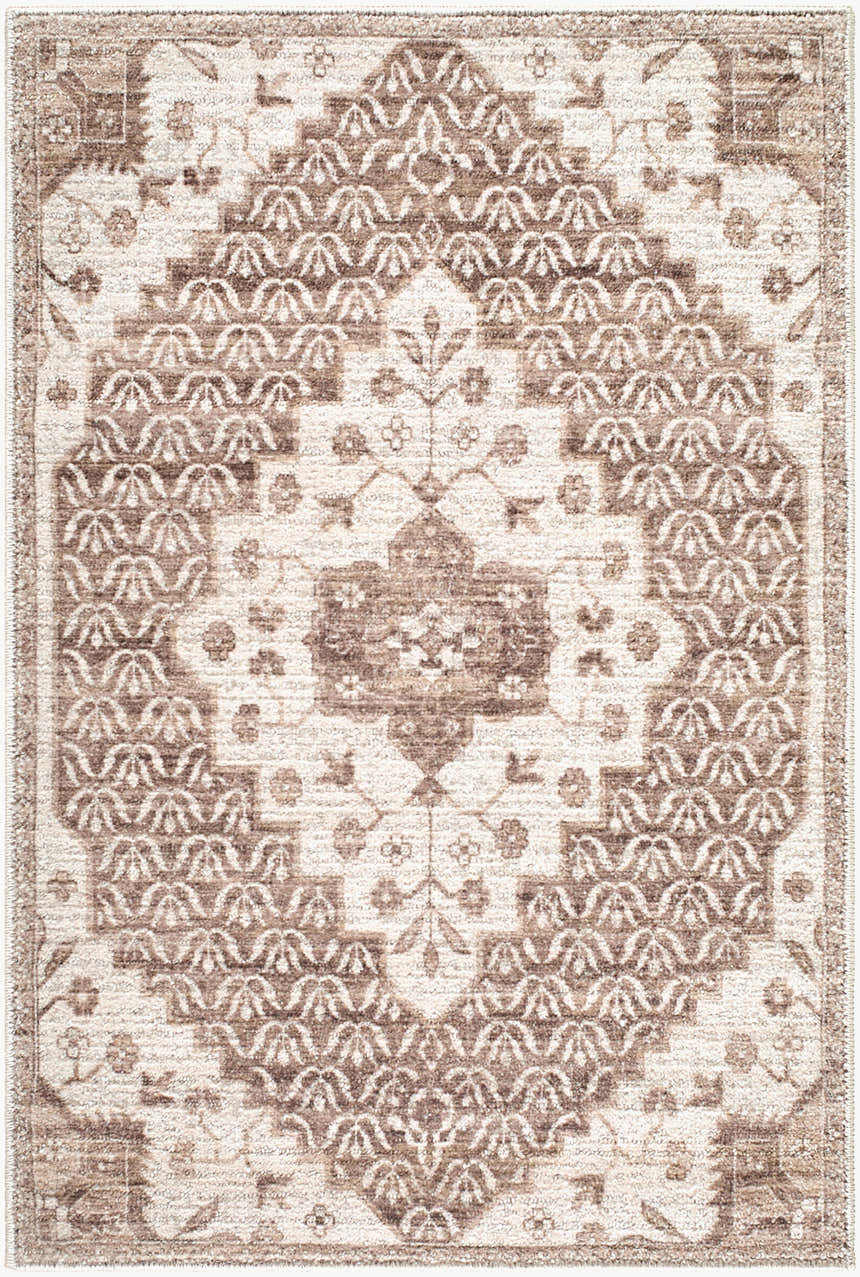 Detailed view of the Athiyo Nabela Noor Home rug. Features a traditional floral pattern in dark brown, medium brown, and medium gray. Design-Rectangle-221