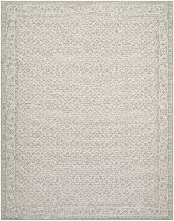 Close-up of the Maan Machine Woven Nabela Noor Home x LIVABLISS NBMA-2301 Area Rug. Gray and off-white farmhouse style rug. Design-Rectangle-71010