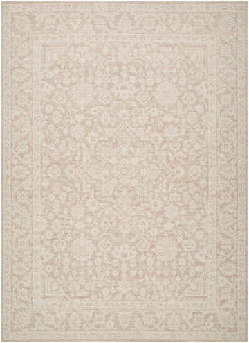 Maan Machine Woven Nabela Noor Home rug with traditional floral pattern in medium gray, mustard, and off-white. Design-Rectangle-679