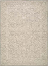 Close-up of the Tenii Gray Persian rug. Machine-woven jute rug with traditional gray and off-white floral pattern. Design-Rectangle-679