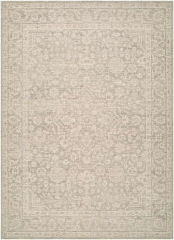 Close-up of the Maan Machine Woven Nabela Noor Home x LIVABLISS NBMA-2305 Area Rug. Gray and off-white traditional pattern. Design-Rectangle-679
