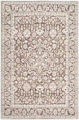 Close-up of the Maan Machine Woven Nabela Noor Home x LIVABLISS NBMA-2306 Area Rug in dark brown with a traditional floral pattern. Design-Rectangle-221