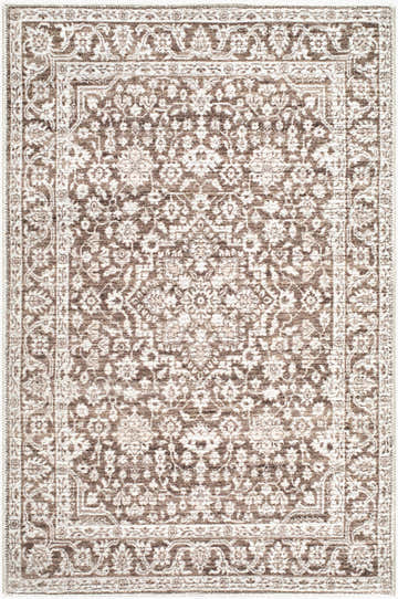 Close-up of the Maan Machine Woven Nabela Noor Home x LIVABLISS NBMA-2306 Area Rug in dark brown with a traditional floral pattern. Design-Rectangle-221