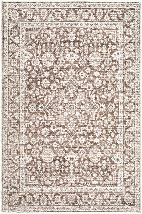 Close-up of the Maan Machine Woven Nabela Noor Home x LIVABLISS NBMA-2306 Area Rug in dark brown with a traditional floral pattern. Design-Rectangle-221