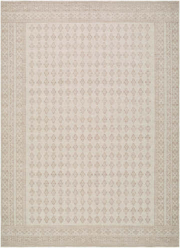 Close-up of the Shanti Nabela Noor Home x LIVABLISS rug. The design features a traditional taupe pattern on an off-white jute and polyester blend. Design-Rectangle-679