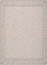 Close-up of the Cicely Area Rug. Off-white rug with a gray, traditional-style floral pattern and border. Design-Rectangle-679