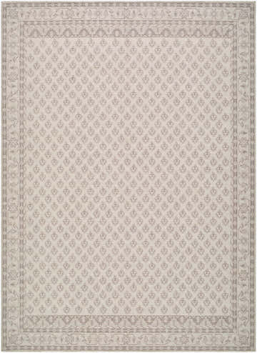 Close-up of the Cicely Area Rug. Off-white rug with a gray, traditional-style floral pattern and border. Design-Rectangle-679