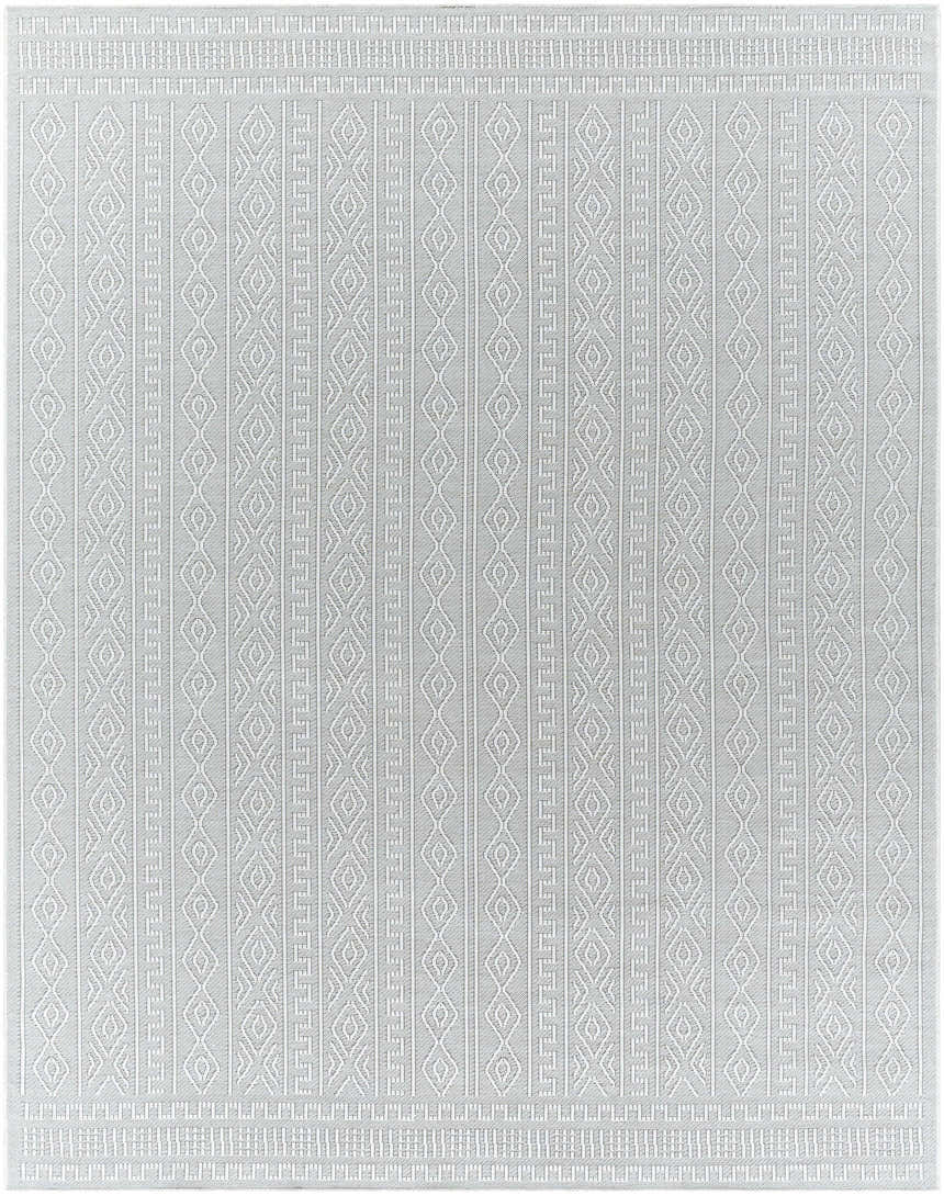 Close-up of the Nuela Light Gray Area Rug, featuring a geometric diamond and stripe pattern in cream and peach tones. Design-Rectangle-71010