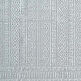 Close-up of the Nuela Light Gray Area Rug showing its cream geometric pattern and woven texture. Farmhouse style. Swatch