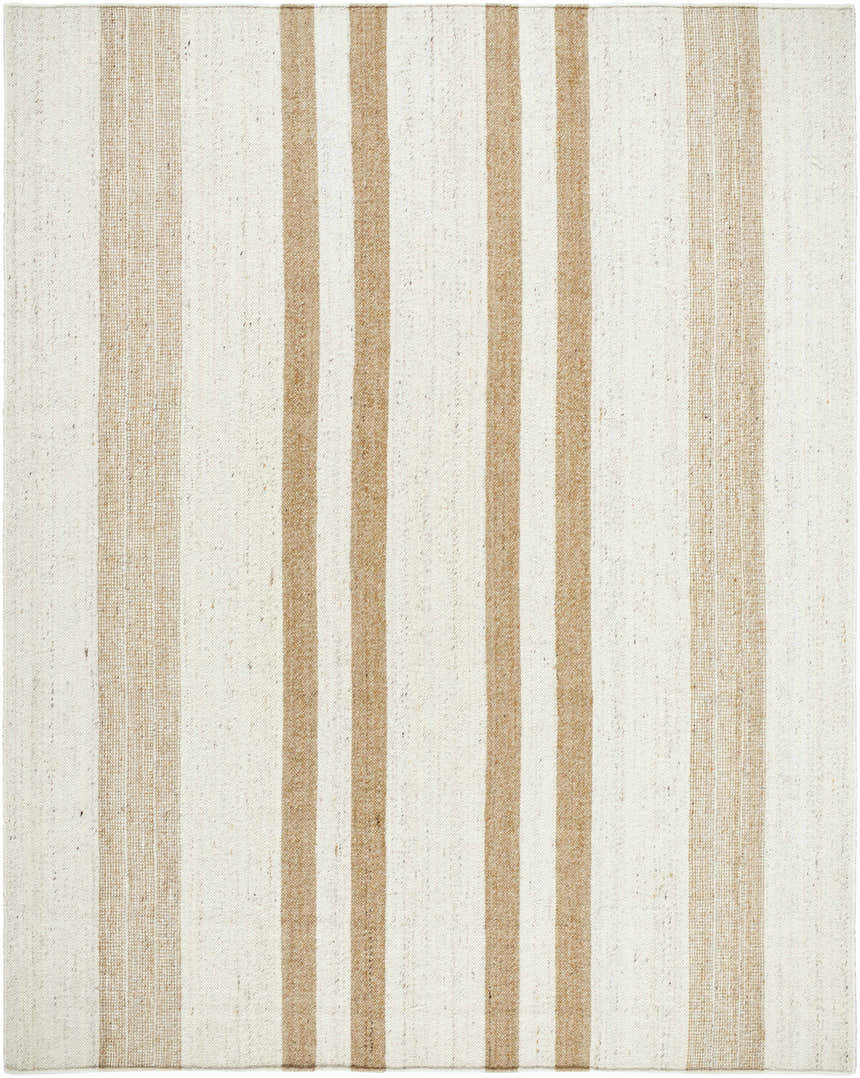 Close-up of the hand woven Nibaw Area Rug. Tan stripes on an ash and light silver wool rug. Farmhouse style. Design-Rectangle-810