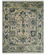 Beige, Charcoal and Green Hand knotted Oushak Traditional Wool Area Rug