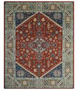 Premium Style Rust, Blue and Beige Hand Knotted Traditional Heriz wool Area Rug