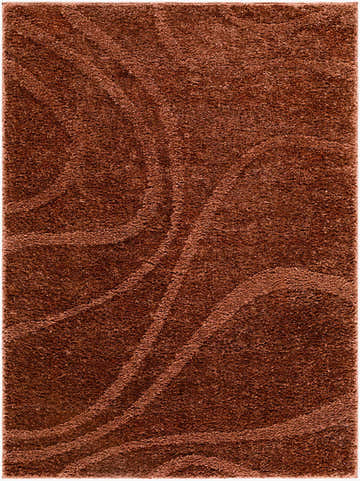 Close-up of the Horst Area Rug in rust, featuring a plush pile and subtle, swirling contemporary pattern. Design-Rectangle-537